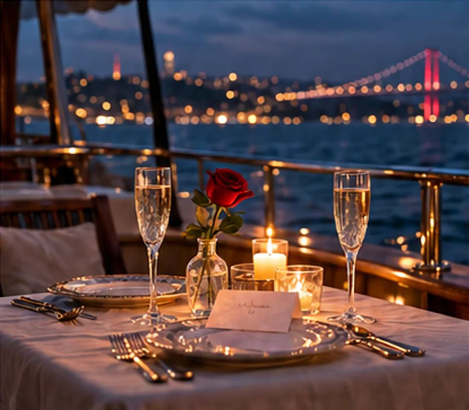 A table for two dressed on a private boat at blue hour: two glasses, a single rose and candlelight, with the lit Bosphorus bridge across the water